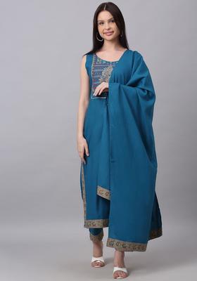 Teal Solid Viscose Kurta Set