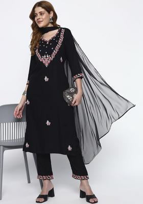 Black Embroidered Viscose Kurta Set