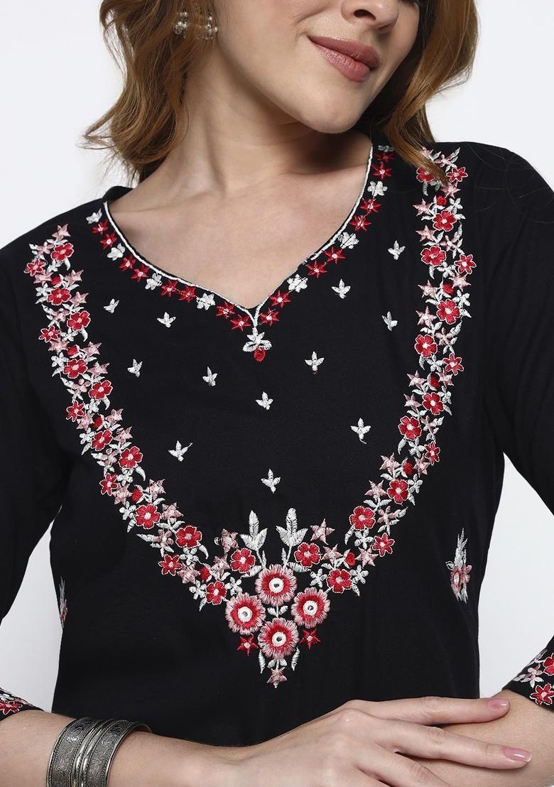 Black Embroidered Viscose Kurta Set - Indya