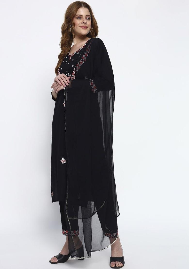 Black Embroidered Viscose Kurta Set - Indya