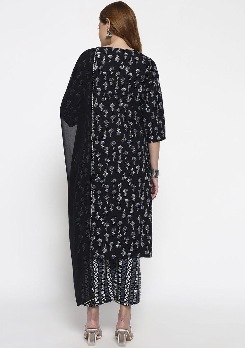 Black Printed Viscose Kurta Set - Indya