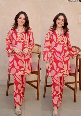 Red Printed Cotton Kurta Set