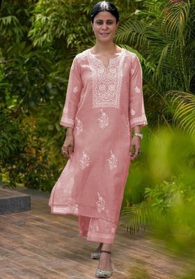 Pink Embroidered Polyester Kurta Set
