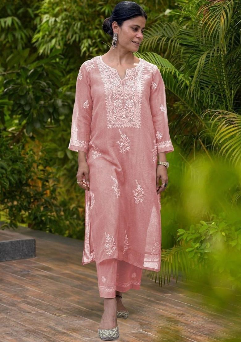 Pink Embroidered Polyester Kurta Set - Indya