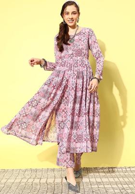 Pink Printed Silk Kurta Set