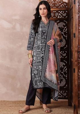 Black Printed Silk Kurta Set
