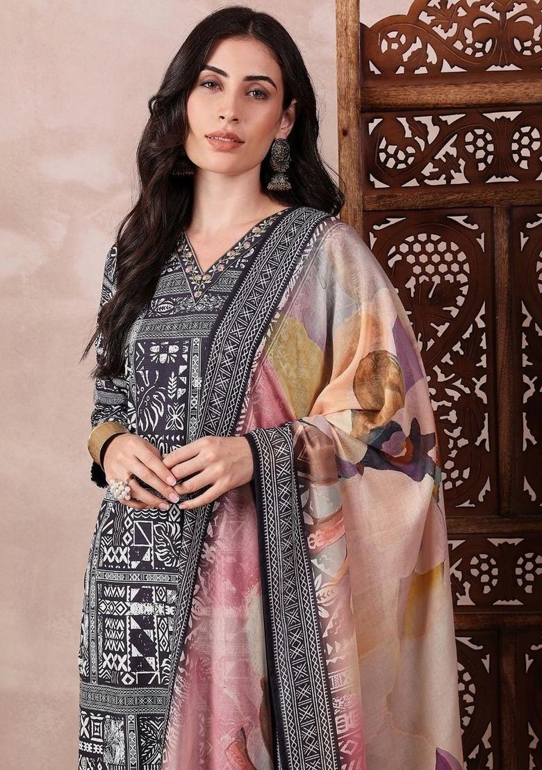 Black Printed Silk Kurta Set - Indya