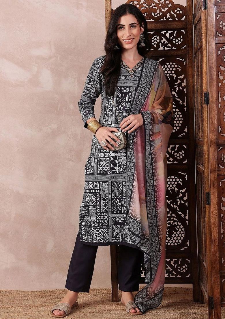 Black Printed Silk Kurta Set - Indya