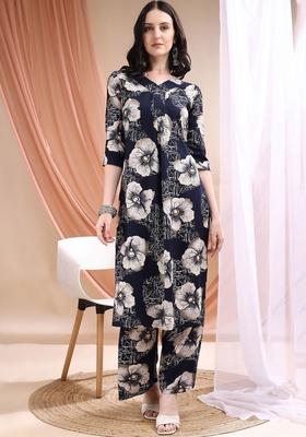 Navy Blue Printed Viscose Kurta Set