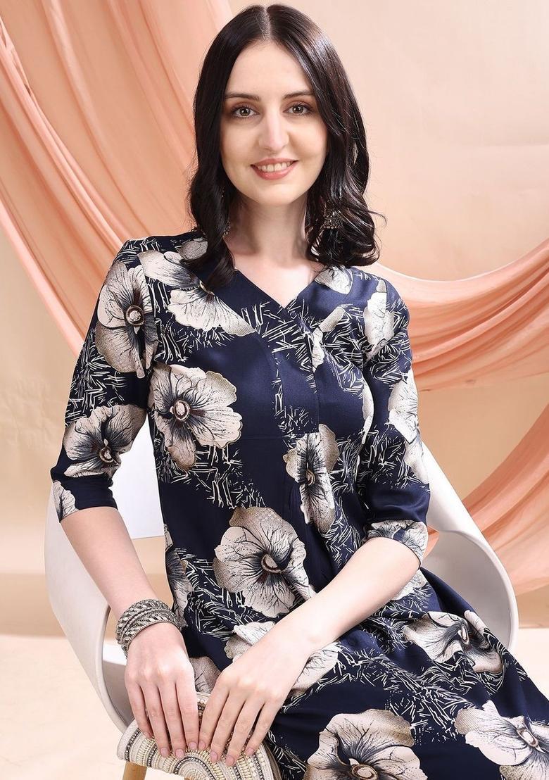 Navy Blue Printed Viscose Kurta Set - Indya