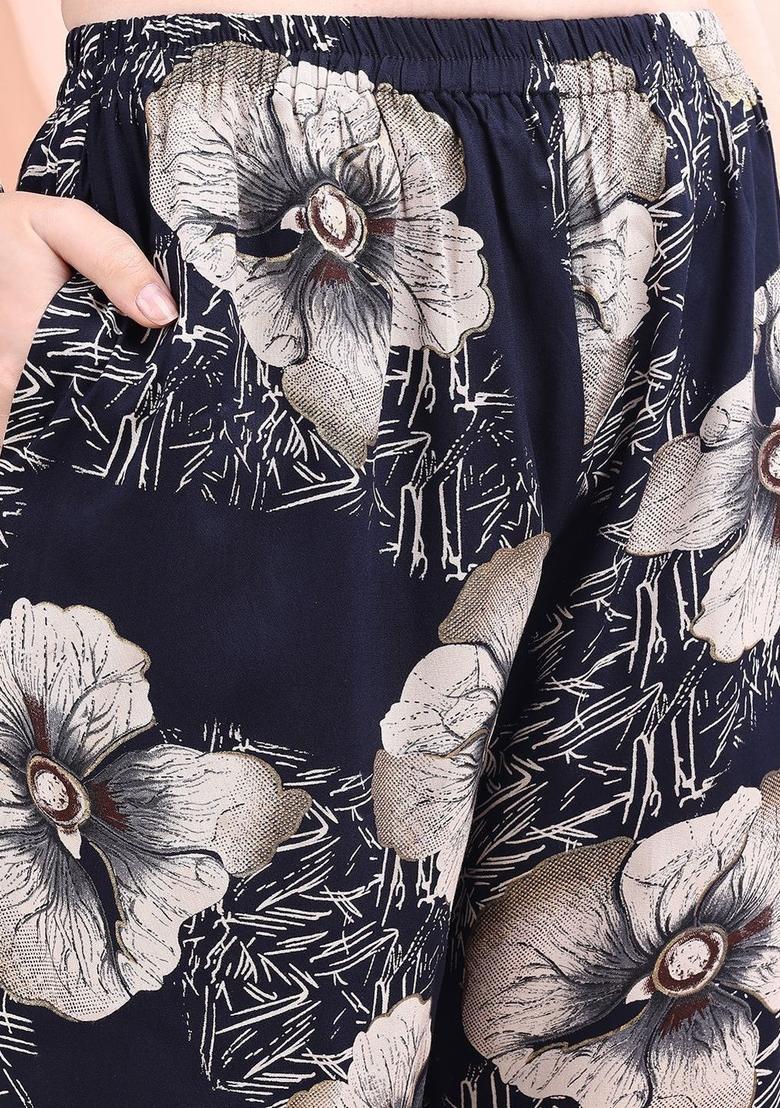 Navy Blue Printed Viscose Kurta Set - Indya