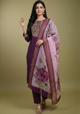 Purple Embroidered Viscose Kurta Set
