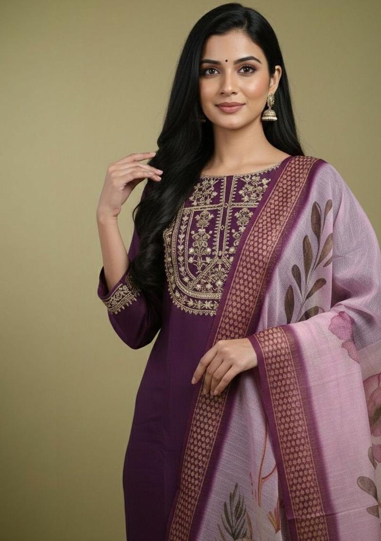Purple Embroidered Viscose Kurta Set - Indya