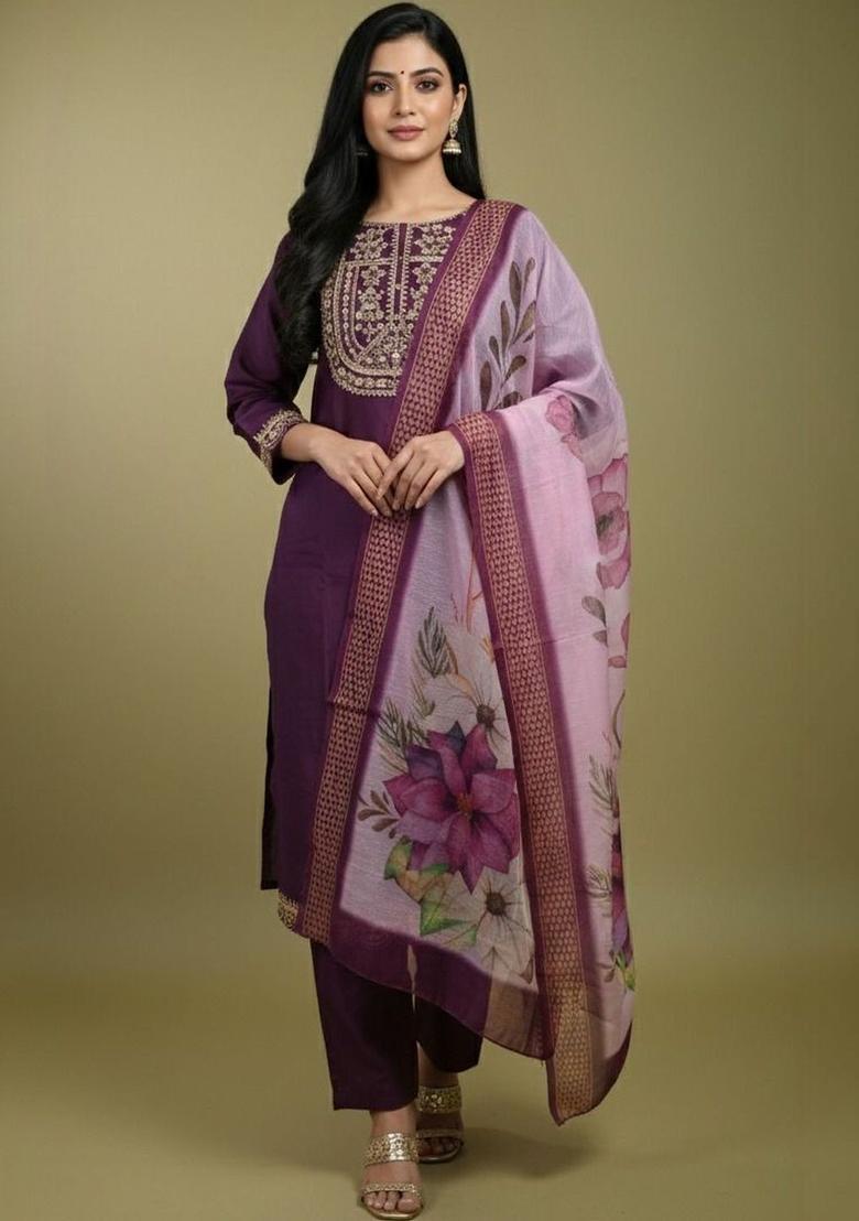 Purple Embroidered Viscose Kurta Set - Indya