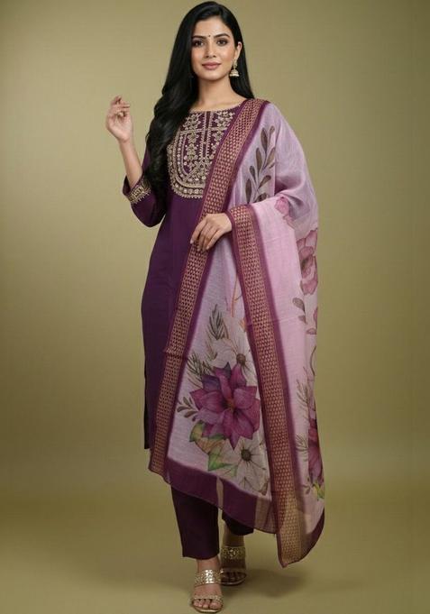 Purple Embroidered Viscose Kurta Set