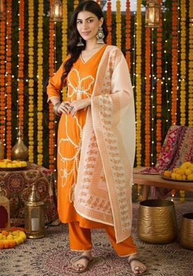 Orange Embroidered Viscose Kurta Set
