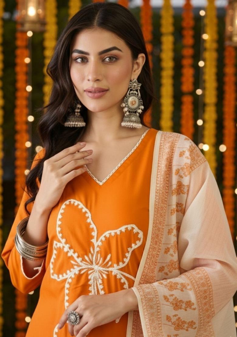 Orange Embroidered Viscose Kurta Set - Indya
