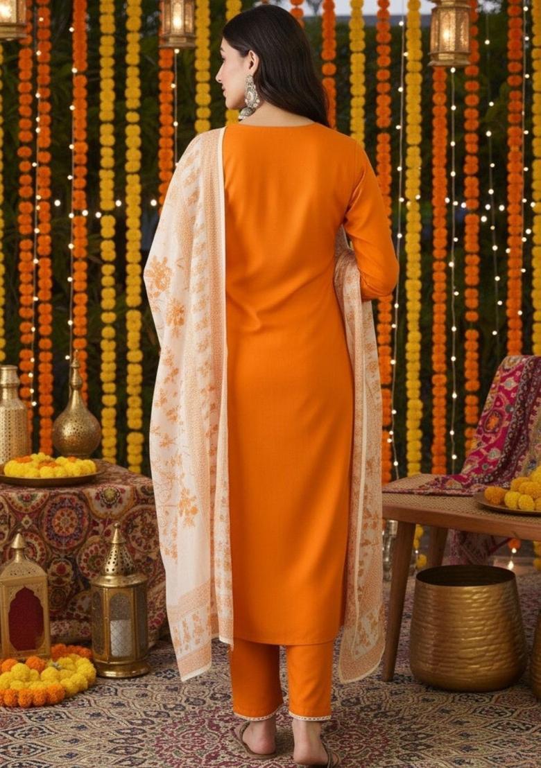 Orange Embroidered Viscose Kurta Set - Indya