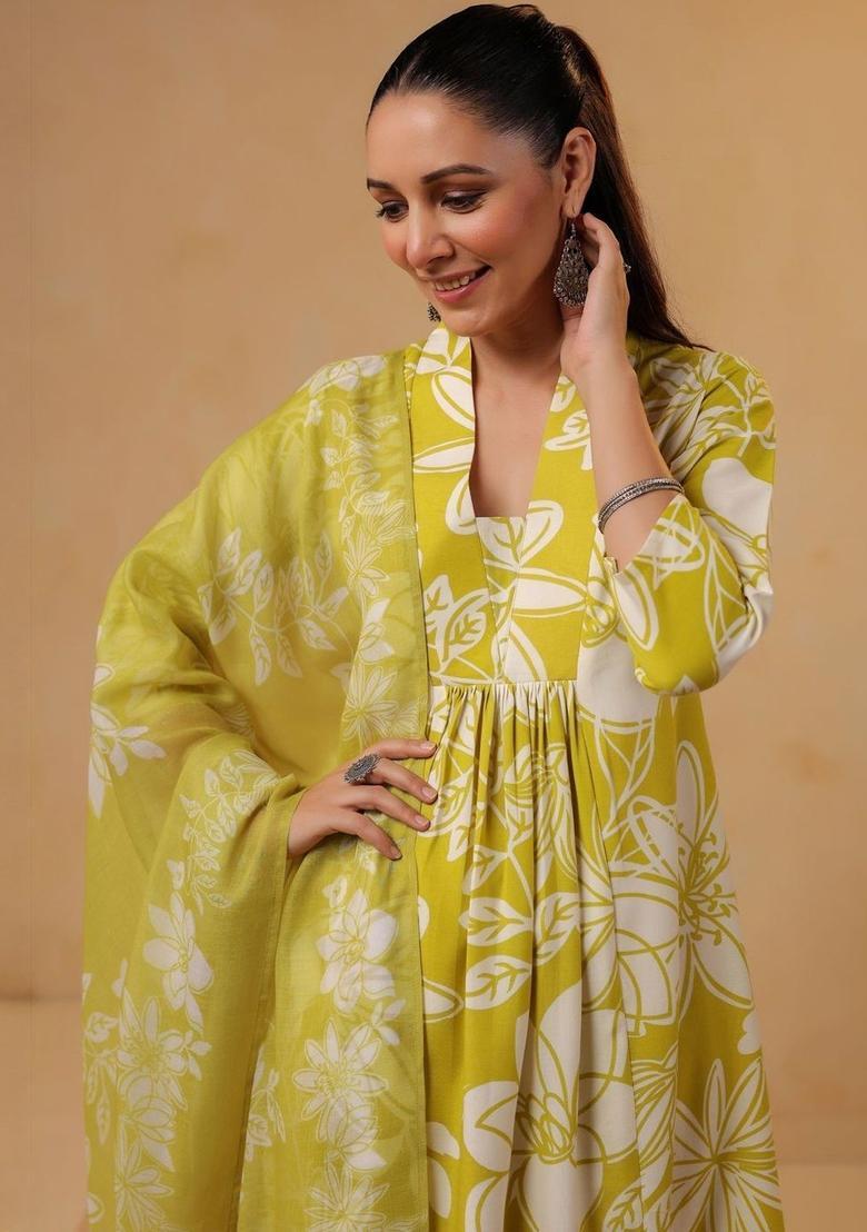 Green Printed Viscose Kurta Set - Indya