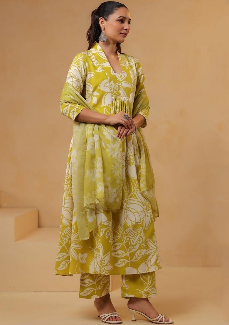Green Printed Viscose Kurta Set - Indya