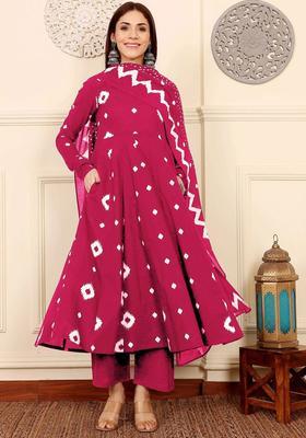 Pink Printed Viscose Anarkali Set