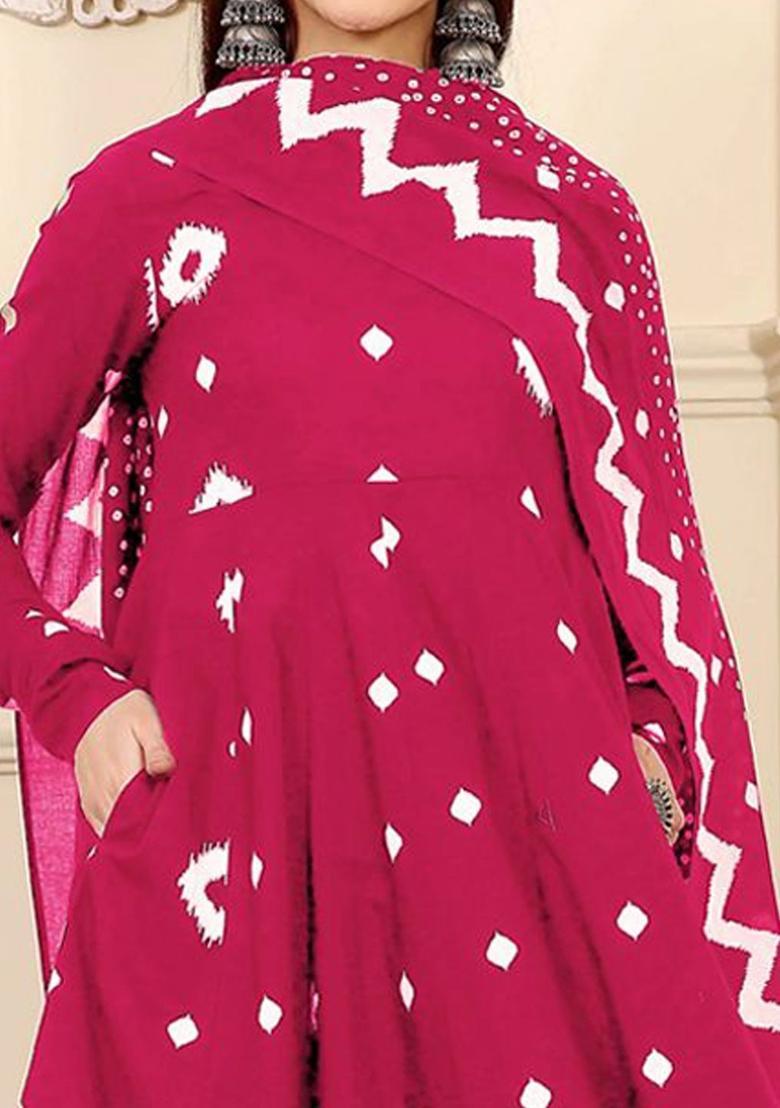 Pink Printed Viscose Anarkali Set - Indya