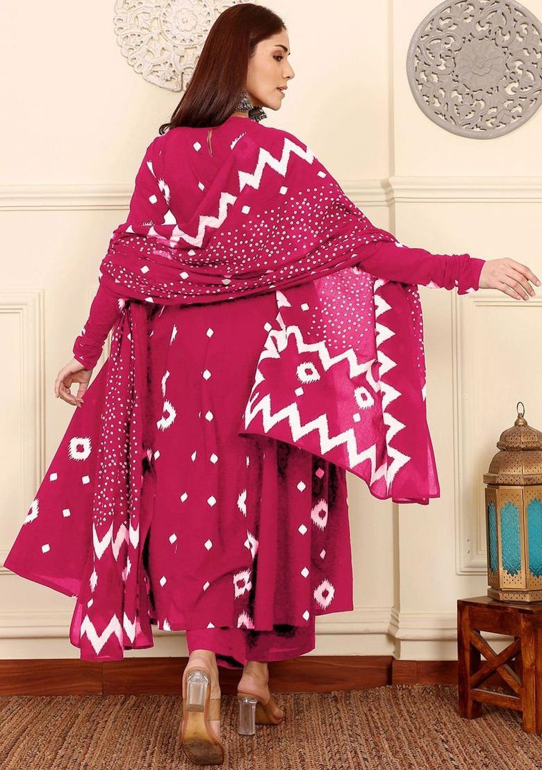 Pink Printed Viscose Anarkali Set - Indya