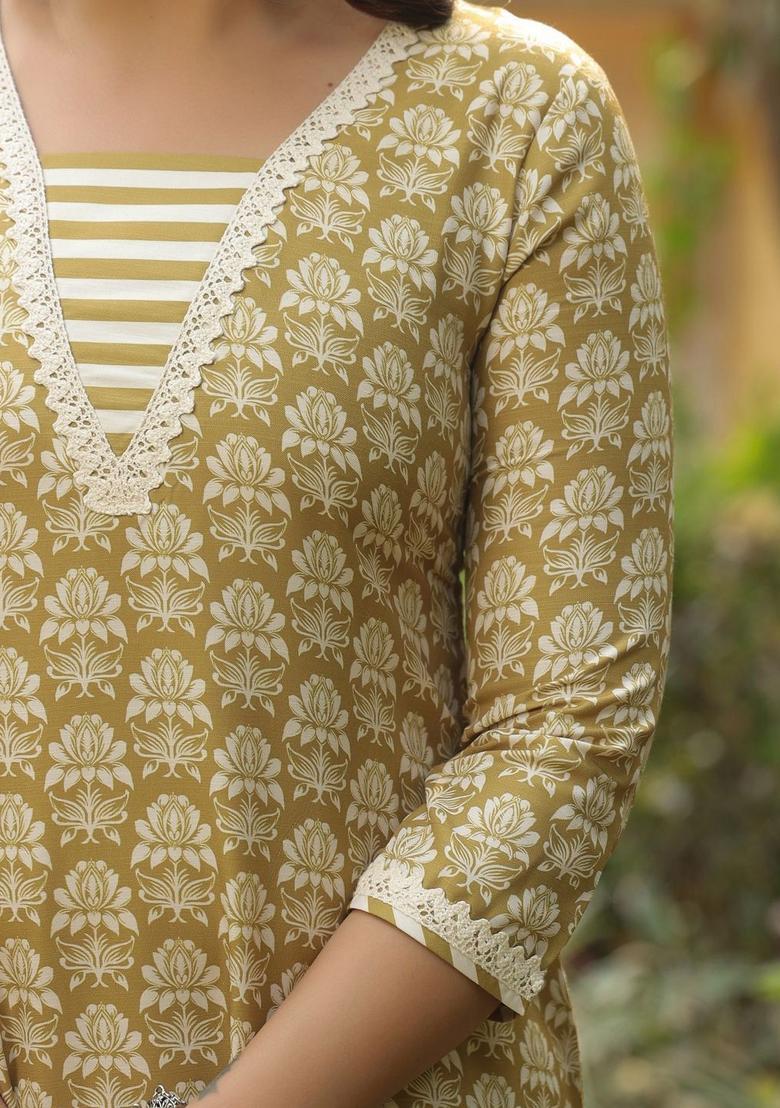 Green Printed Viscose Kurta Set - Indya