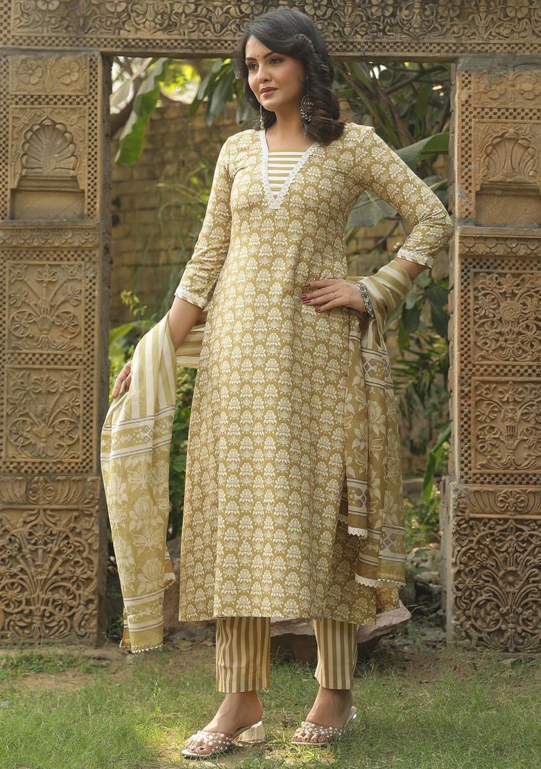 Green Printed Viscose Kurta Set - Indya