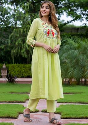 Green Embroidered Cotton Kurta Set