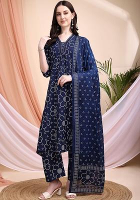 Navy Blue Printed Viscose Kurta Set
