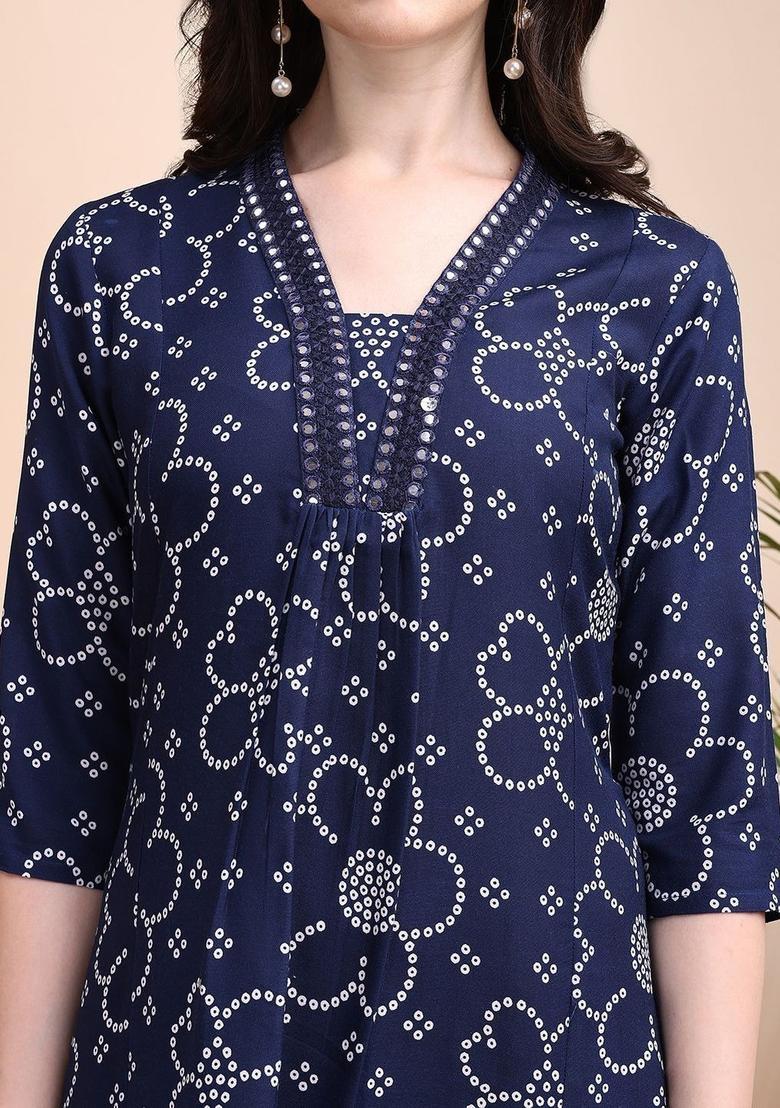 Navy Blue Printed Viscose Kurta Set - Indya