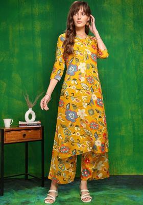 Mustard Printed Viscose Kurta Set