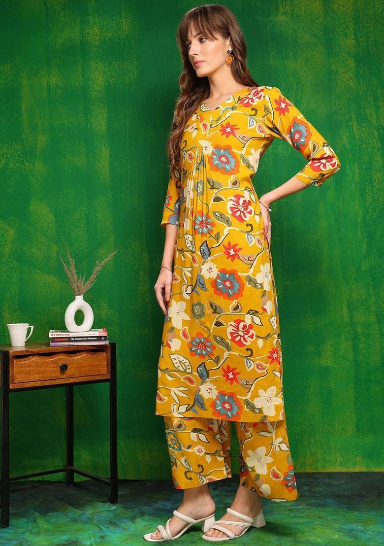 Mustard Printed Viscose Kurta Set - Indya