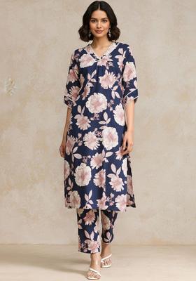 Navy Blue Printed Cotton Kurta Set