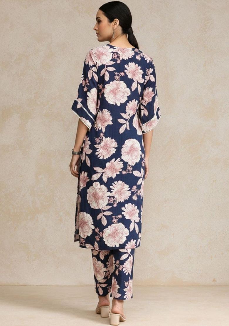 Navy Blue Printed Cotton Kurta Set - Indya