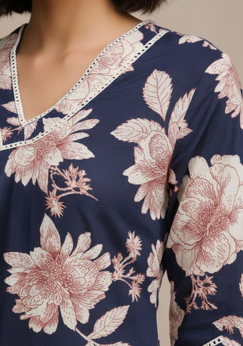 Navy Blue Printed Cotton Kurta Set - Indya