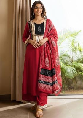Red Printed Viscose Kurta Set