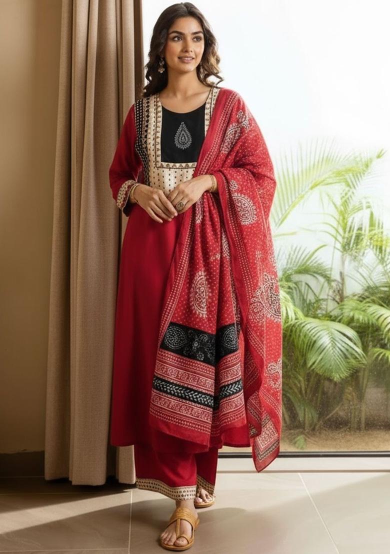 Red Printed Viscose Kurta Set - Indya