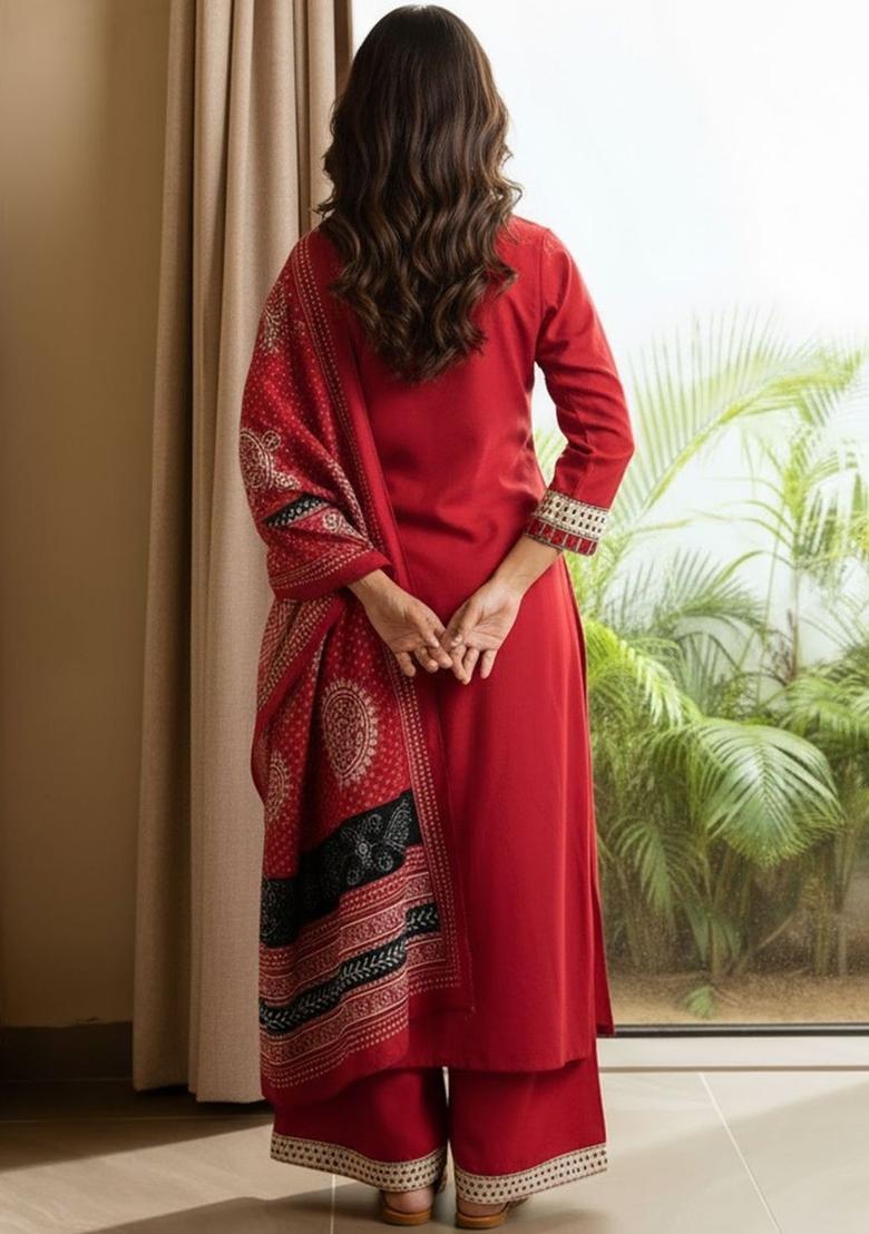 Red Printed Viscose Kurta Set - Indya
