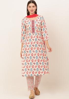 Cream Printed Cotton Kurta Set