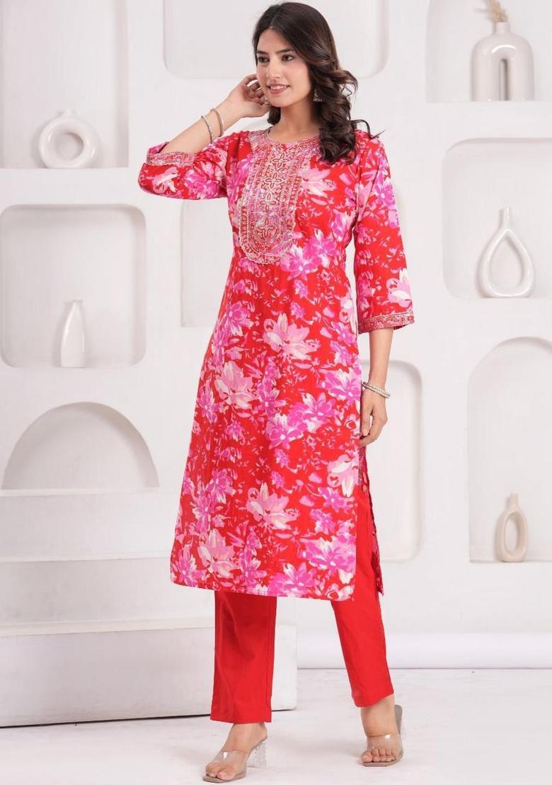 Red Printed Cotton Kurta Set - Indya