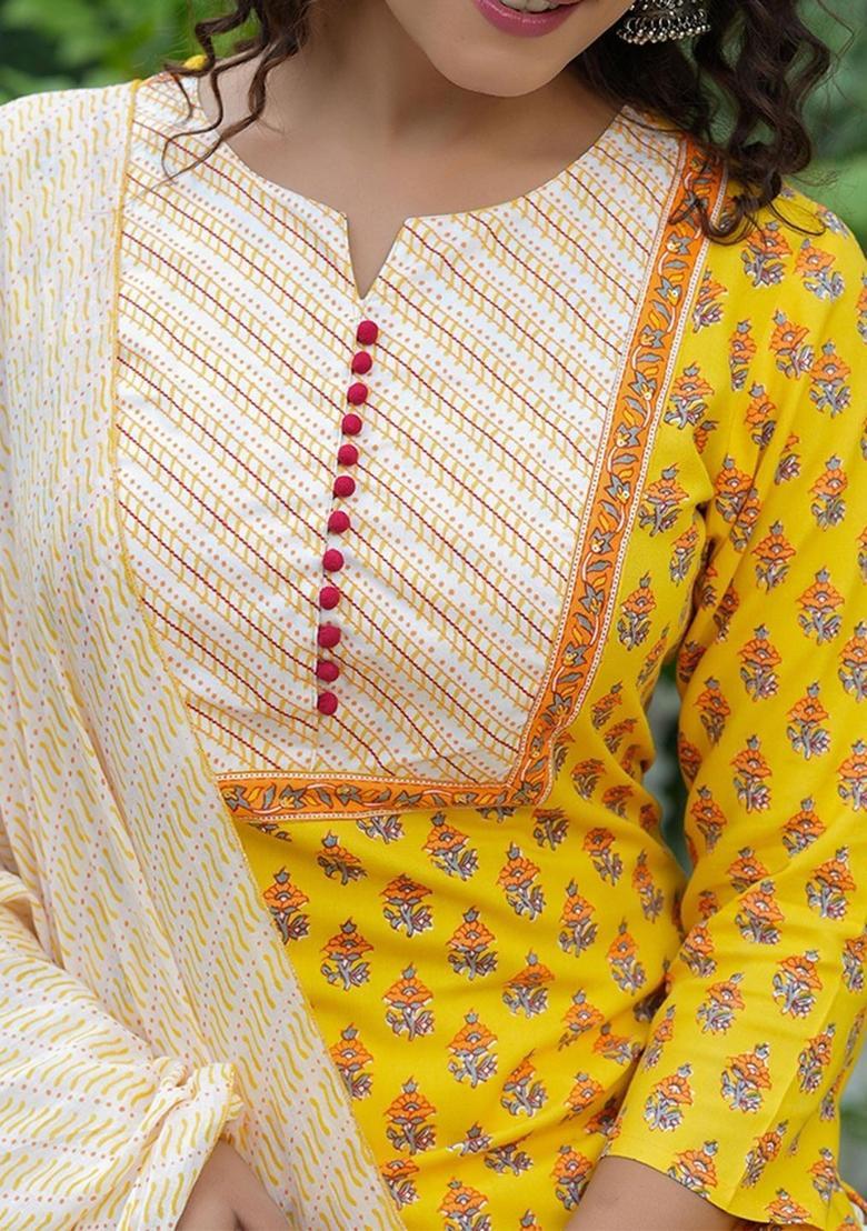 Yellow Printed Cotton Kurta Set - Indya