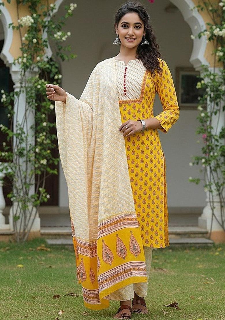 Yellow Printed Cotton Kurta Set - Indya