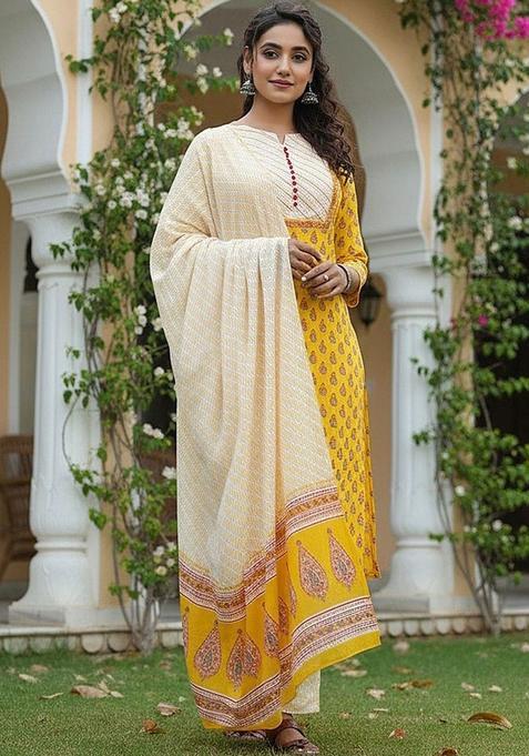 Yellow Printed Cotton Kurta Set