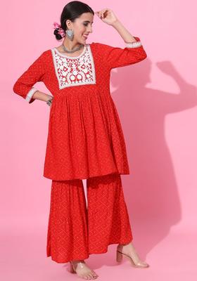 Red Printed Viscose Anarkali Set
