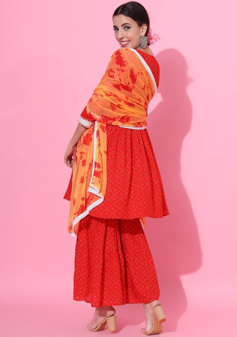 Red Printed Viscose Anarkali Set - Indya