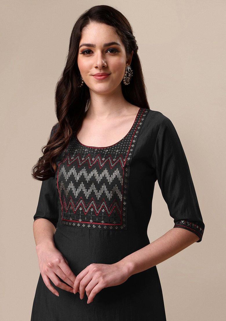 Black Yoke Design Cotton Kurta Set - Indya