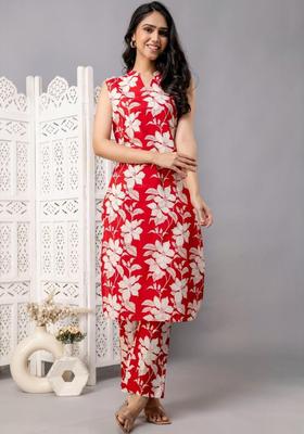 Red Printed Cotton Kurta Set