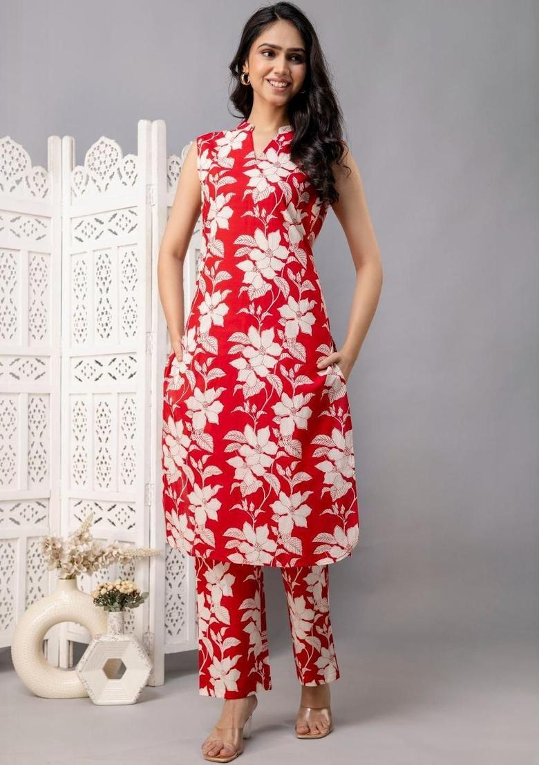 Red Printed Cotton Kurta Set - Indya